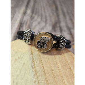 KU Jayhawks Unbranded Black Leather Snap Bracelet Braided Good Condition (A-14)